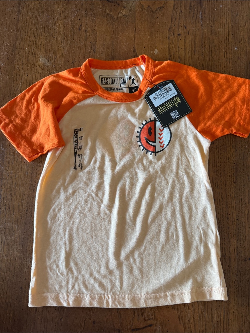Baseballism Kids Orange & Cream Raglan Tee -Size 4T. Sunny Days and Double Plays